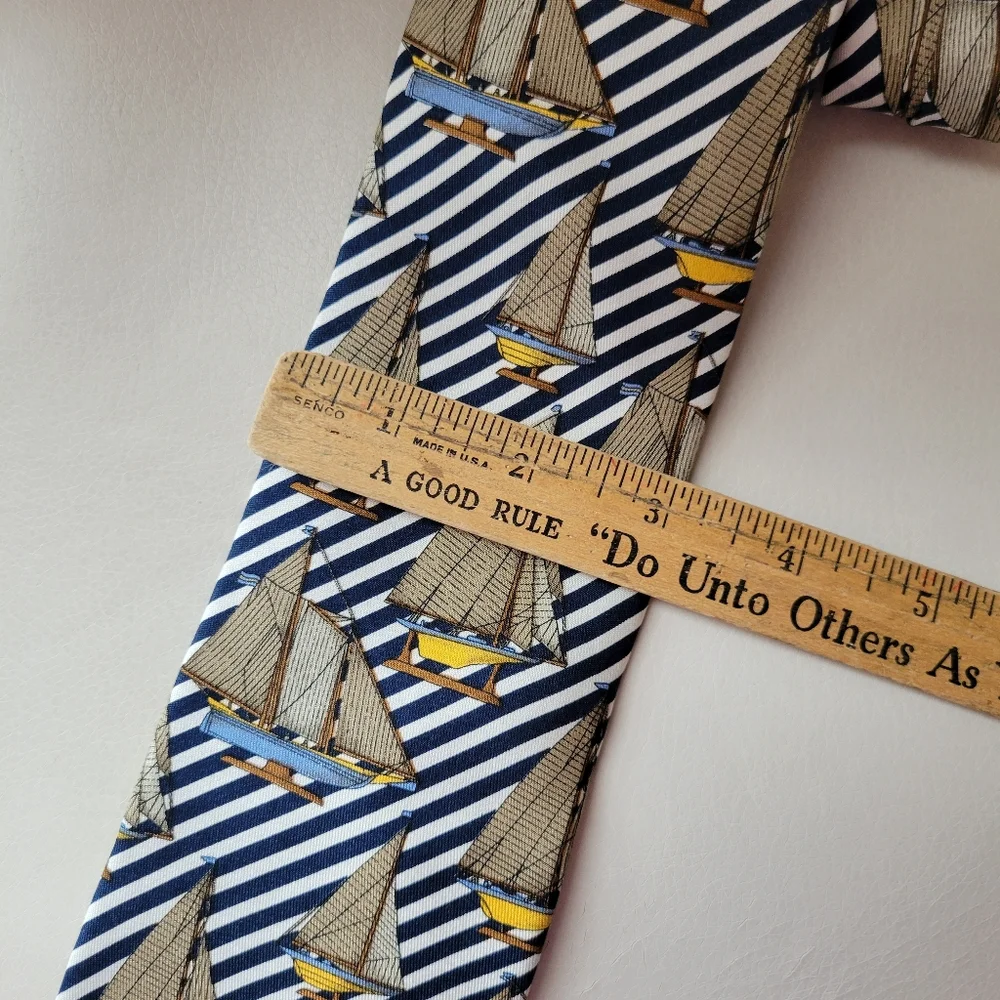 Lands' End Silk Necktie Hand Sewn Nautical Sailboats Coastal Preppy ~ GUC ~ 80s